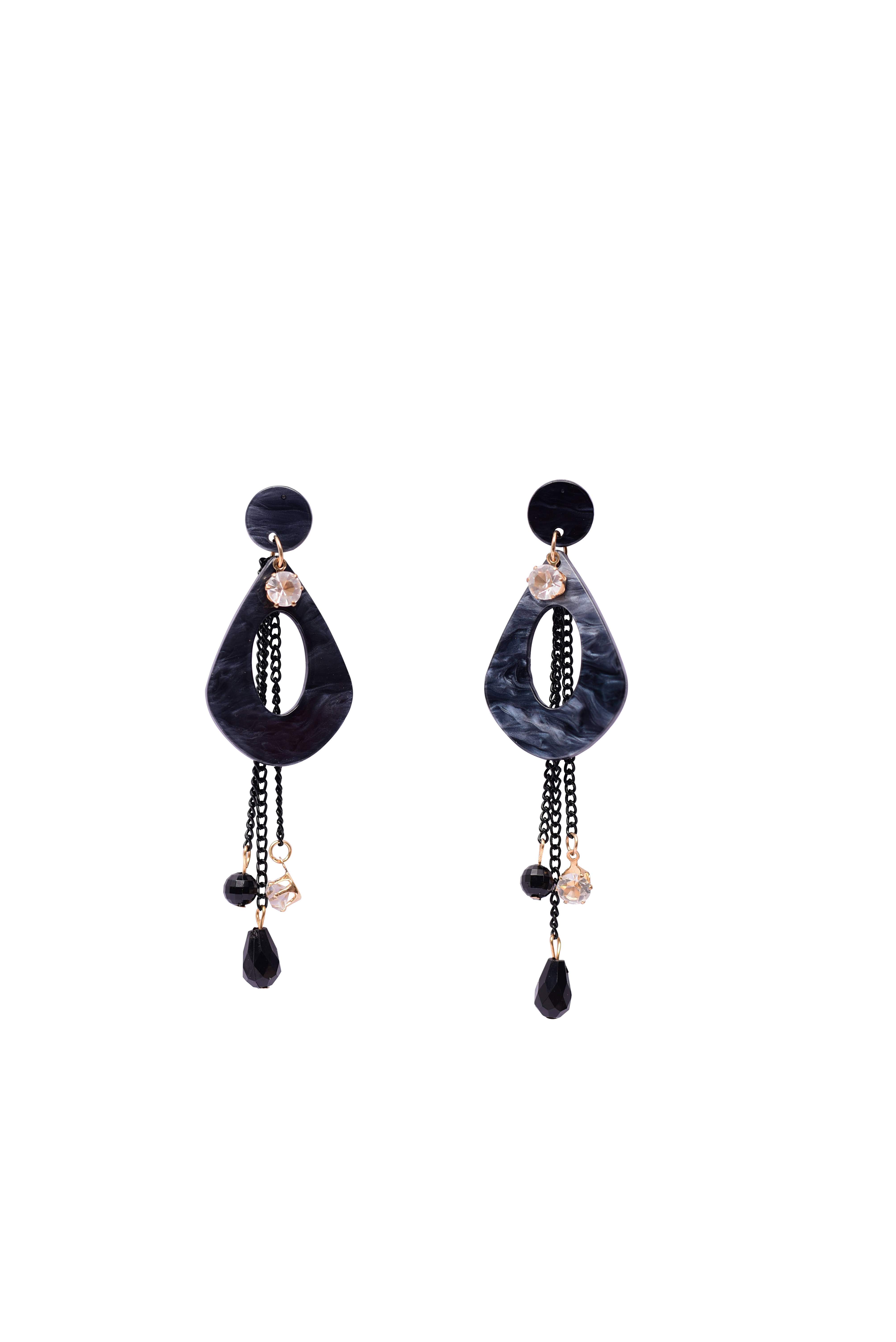 Namokriti Modern Dangle Earrings – Marbled Teardrop with Crystal and Black Chain Accents